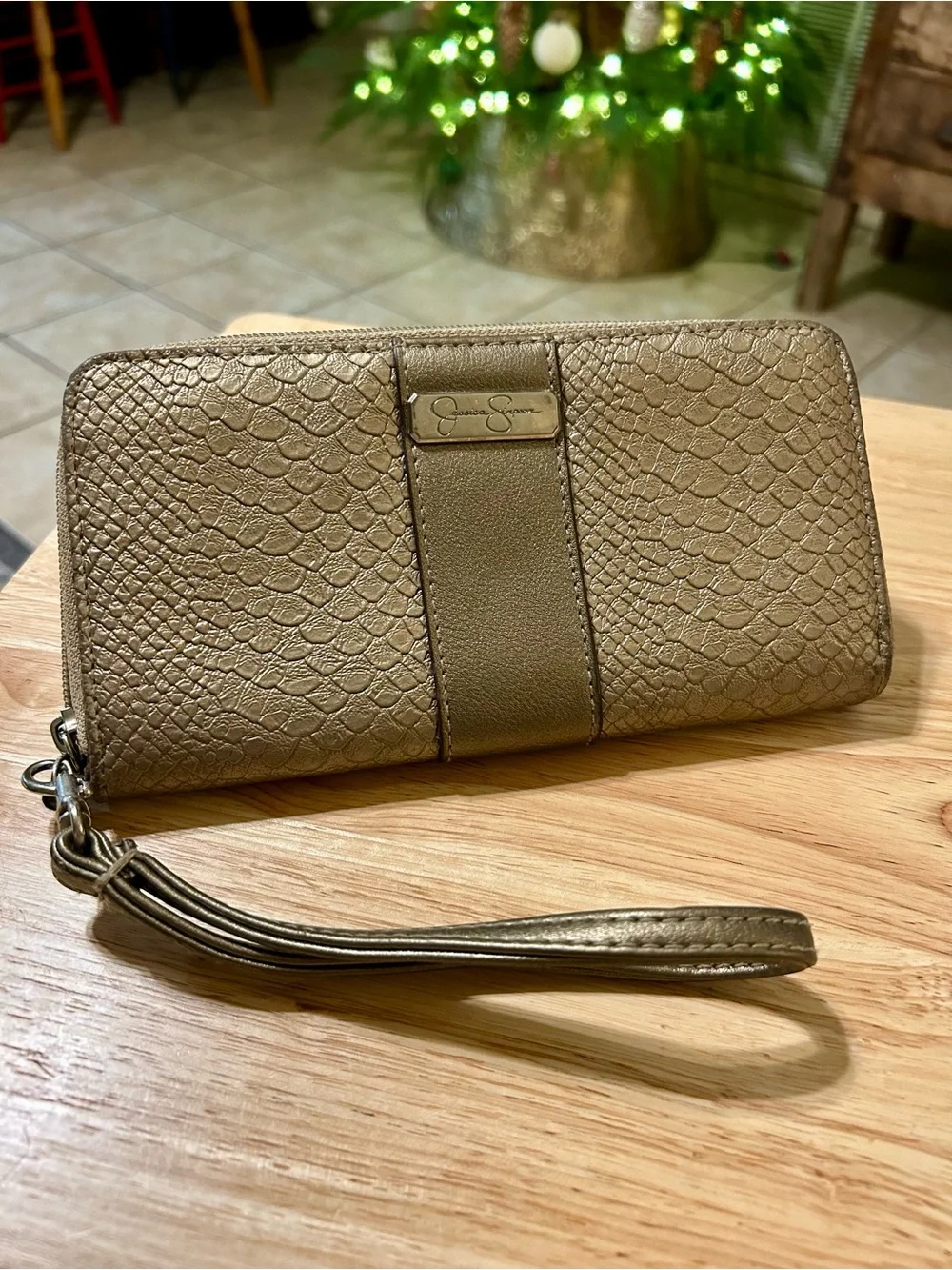 Jessica Simpson Metallic Gold Faux-Snakeskin Wristlet Wallet